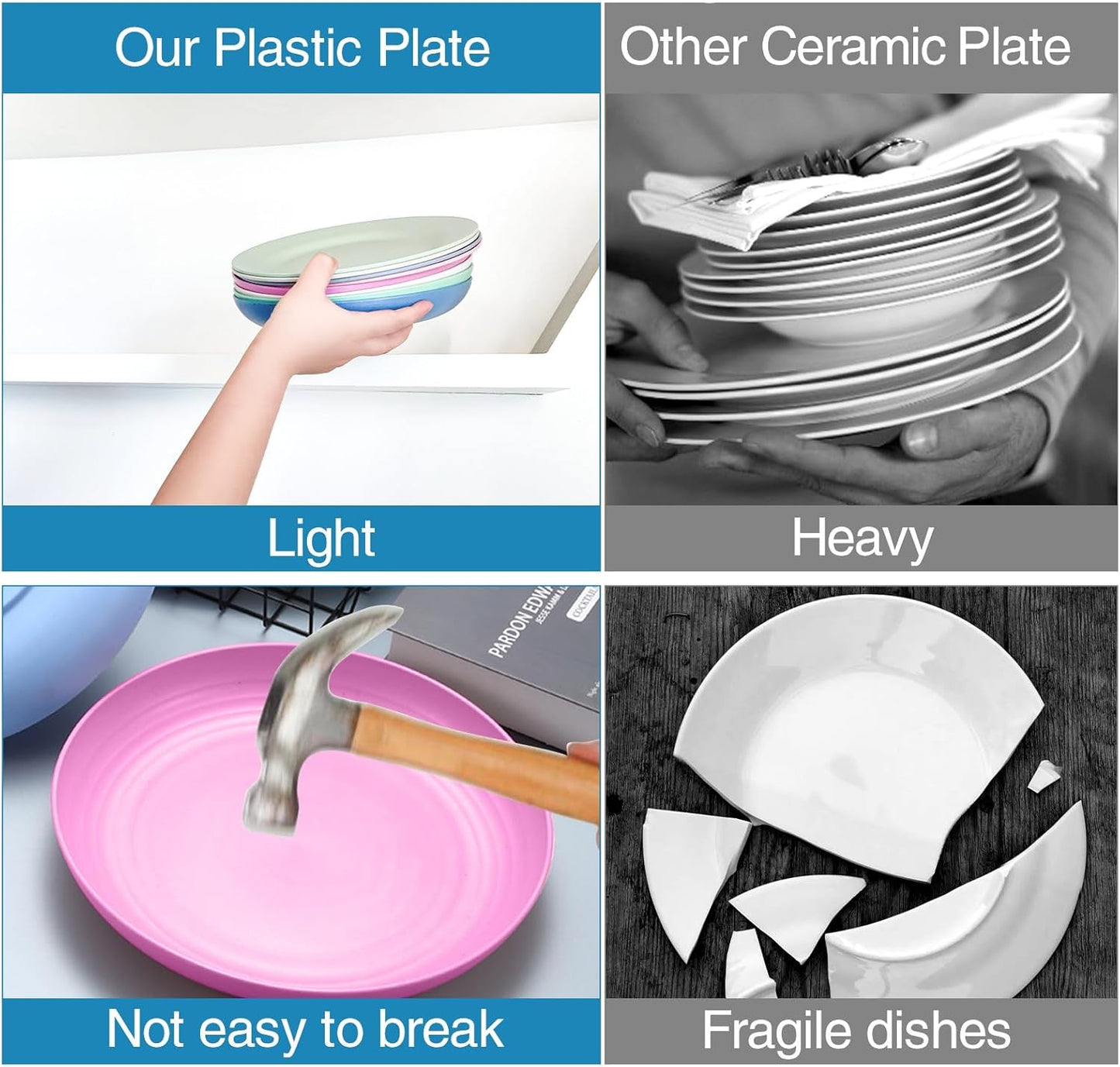 CyanCloud 8 Pcs Plastic Plates 10 Inch Large Reusable Dinner Plates Light Weight for Adult Children Dishwasher Safe Microwave 4 Deep Dumpling Bowls, 4 Flat Pizza Plates for Picnic, Camping, BBQ