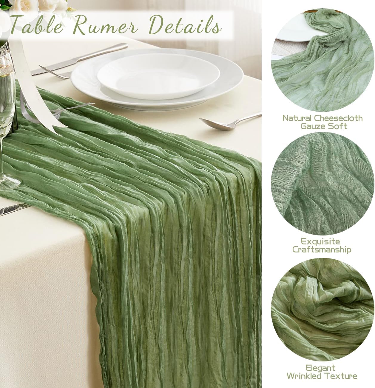 CyanCloud Cheesecloth Table Runner 2 Pack Sage Green Wedding Table Cover Decor Arch Draping 35 x 157 Inch Gauze Fabric Table Runner Long Boho Party Weddings Holiday Kitchen Table Decorations