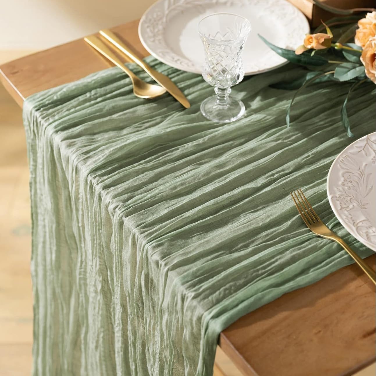 CyanCloud Cheesecloth Table Runner 2 Pack Sage Green Wedding Table Cover Decor Arch Draping 35 x 157 Inch Gauze Fabric Table Runner Long Boho Party Weddings Holiday Kitchen Table Decorations