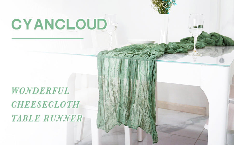 CyanCloud Cheesecloth Table Runner 2 Pack Sage Green Wedding Table Cover Decor Arch Draping 35 x 157 Inch Gauze Fabric Table Runner Long Boho Party Weddings Holiday Kitchen Table Decorations