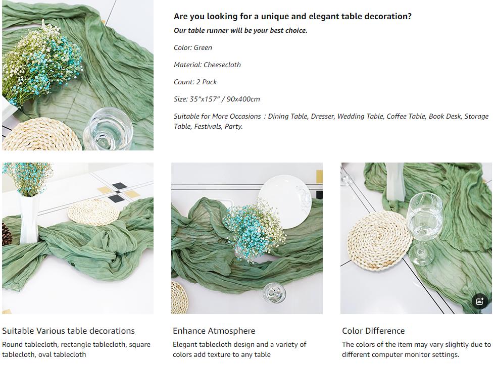 CyanCloud Cheesecloth Table Runner 2 Pack Sage Green Wedding Table Cover Decor Arch Draping 35 x 157 Inch Gauze Fabric Table Runner Long Boho Party Weddings Holiday Kitchen Table Decorations