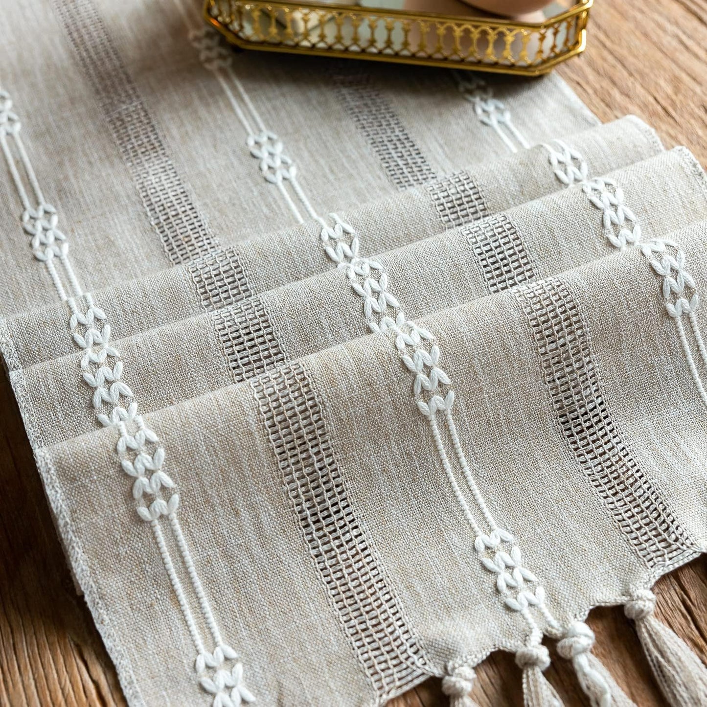 CyanCloud Grey Table Runner with Handmade Tassel Linen Hollow Embroidered Table Runners, 72 Inch Coffee Table Runner for Party Weddings Farmhouse Dining Table Cover Gorgeous Decor