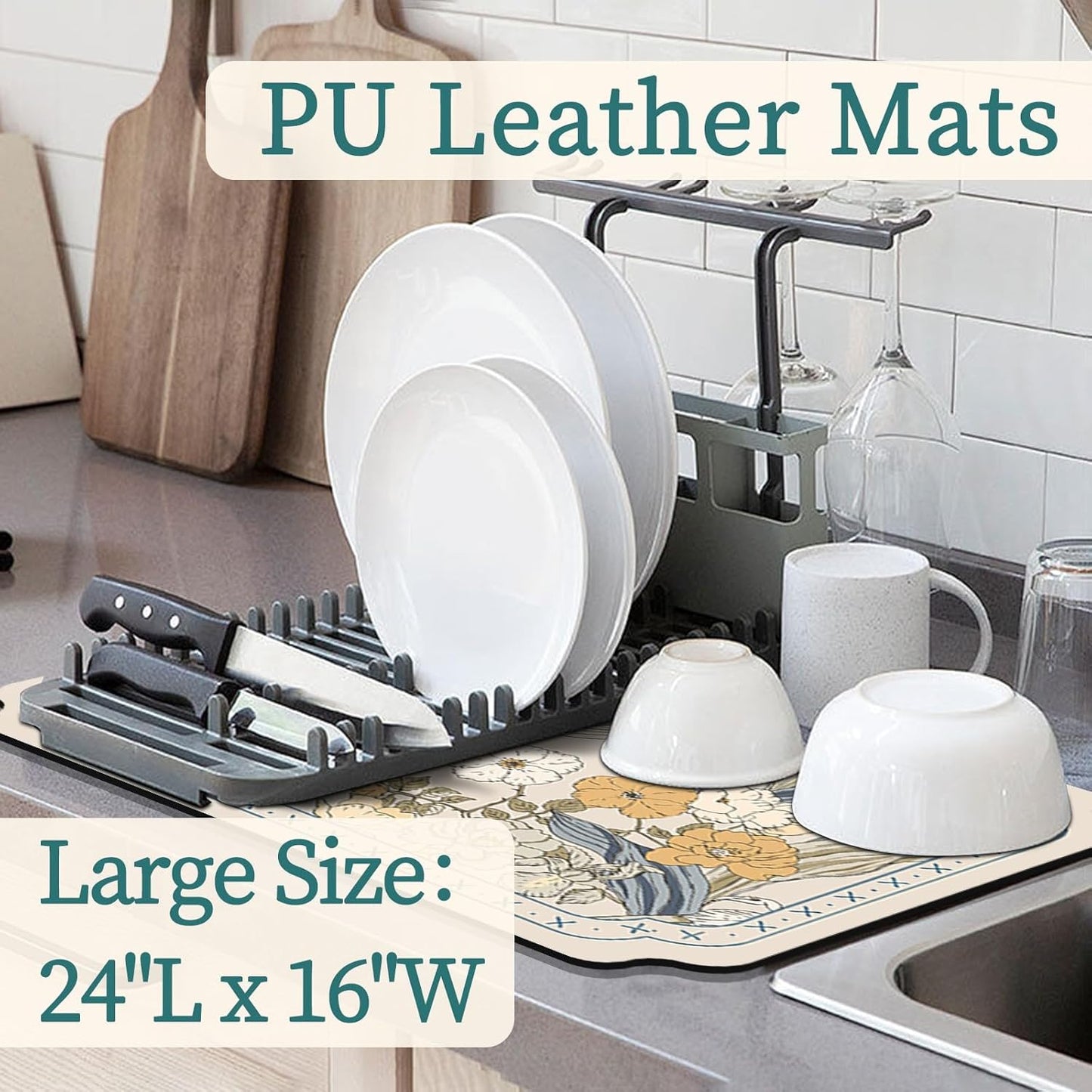 Dish Drying Mat XL 24"x16" Dish Mat Drying Kitchen Mat with Non-slip Rubber Backed, Dish Drying Pad Super Absorbent for Kitchen Counter, Coffee Bar, Bathroom Sink, Dish Drying Rack Mat, White
