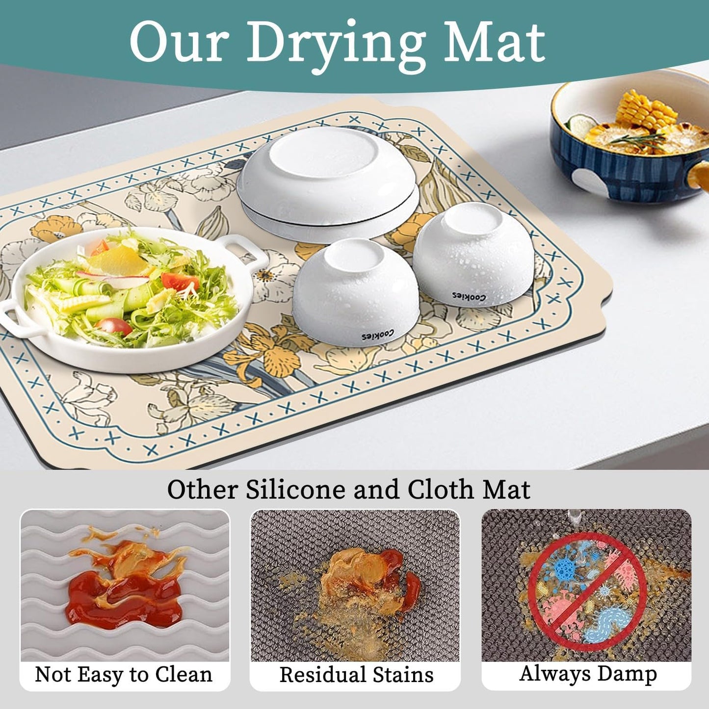 Dish Drying Mat XL 24"x16" Dish Mat Drying Kitchen Mat with Non-slip Rubber Backed, Dish Drying Pad Super Absorbent for Kitchen Counter, Coffee Bar, Bathroom Sink, Dish Drying Rack Mat, White