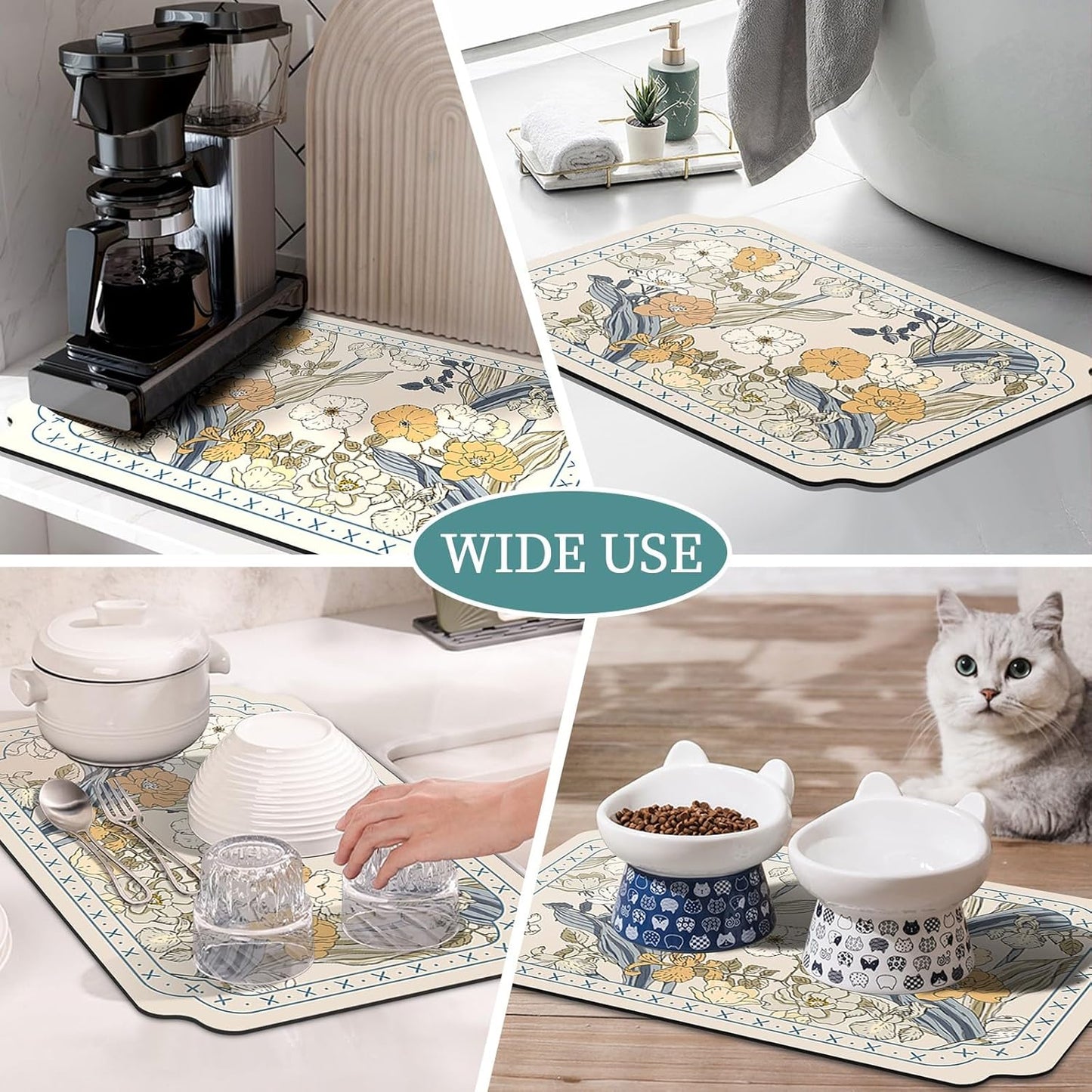 Dish Drying Mat XL 24"x16" Dish Mat Drying Kitchen Mat with Non-slip Rubber Backed, Dish Drying Pad Super Absorbent for Kitchen Counter, Coffee Bar, Bathroom Sink, Dish Drying Rack Mat, White