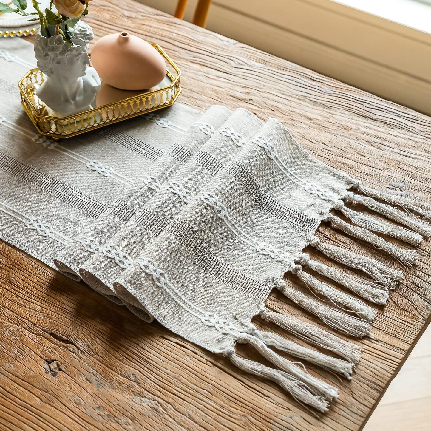 CyanCloud Grey Table Runner with Handmade Tassel Linen Hollow Embroidered Table Runners, 72 Inch Coffee Table Runner for Party Weddings Farmhouse Dining Table Cover Gorgeous Decor