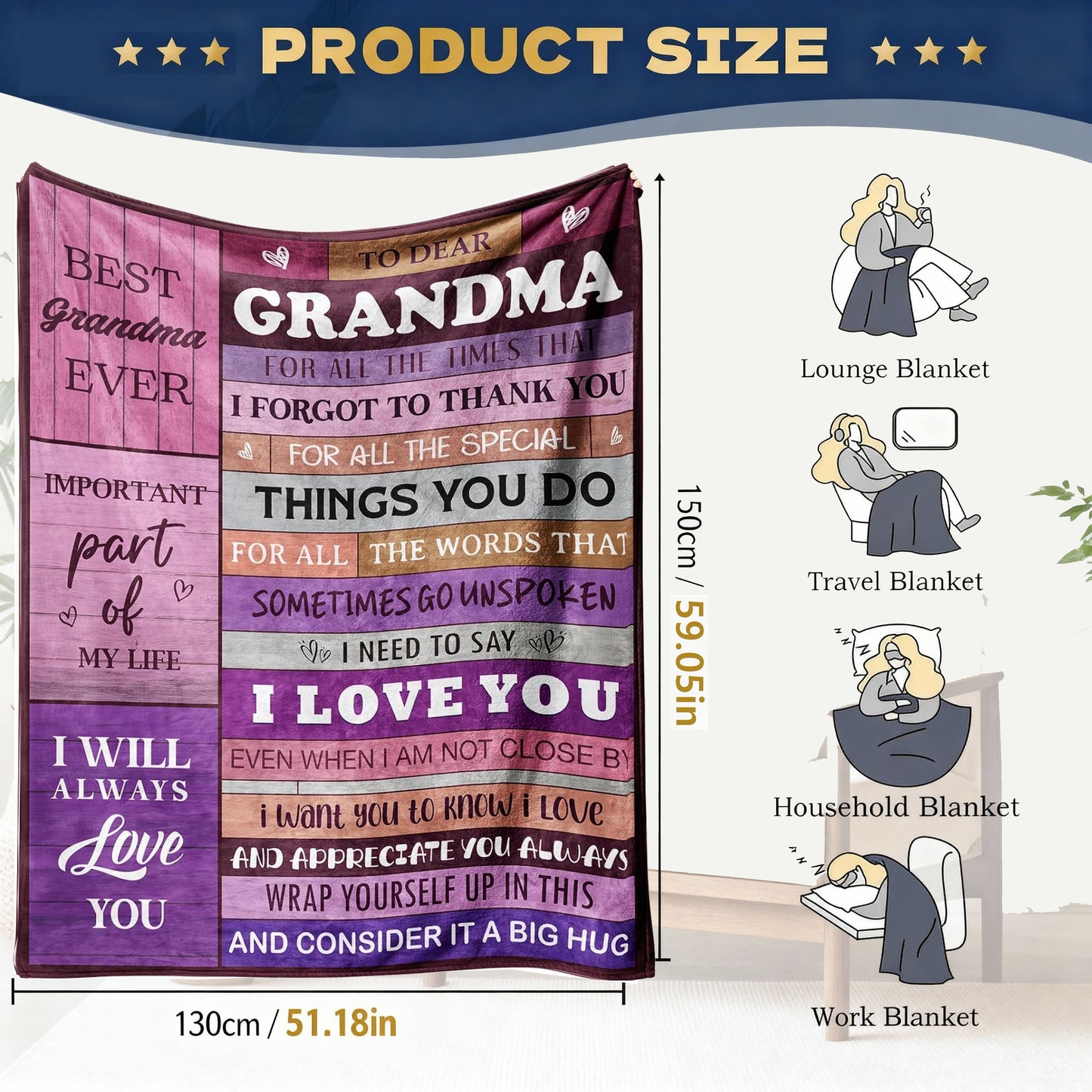 CyanCloud Grandma Gifts Blanket, Grandma Birthday Gifts, Throw Blanket 150x130CM Gifts for Grandma,  Soft Flannel Blanket Presents for Grandma Mothers Day Birthday Gifts