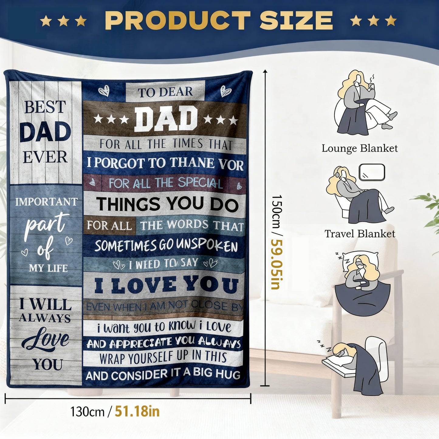 CyanCloud Dad Gifts Blanket, Dad Birthday Gifts, Throw Blanket 150x130CM Gifts for Dad,  Soft Flannel Blanket Presents for Daddy/Papa/Father Christmas Fathers Day Birthday Gifts
