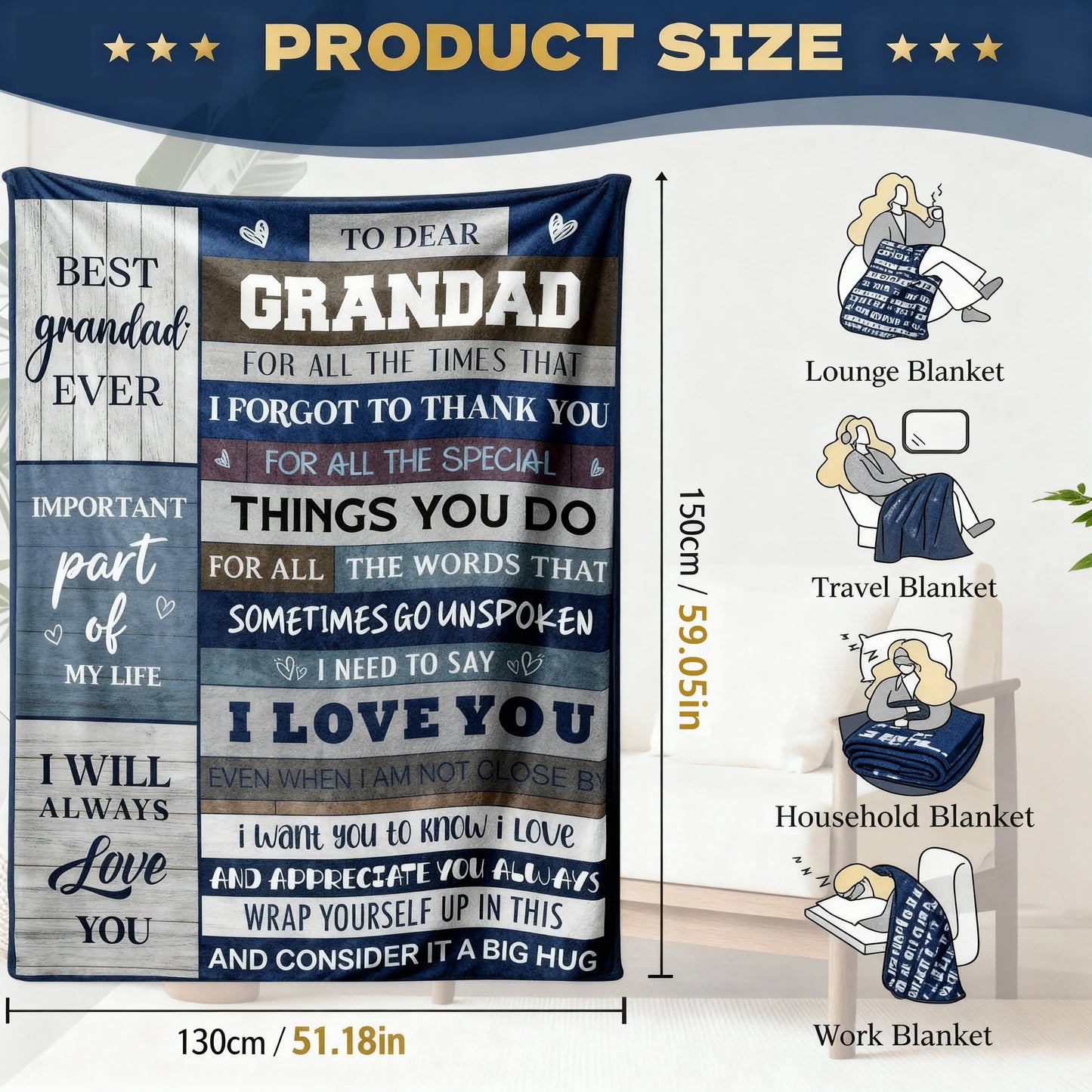 CyanCloud Grandad Gifts Blanket, Grandad Birthday Gifts, Throw Blanket 150x130CM Gifts for Grandad,  Soft Flannel Blanket Presents for Grandad Fathers Day Birthday Gifts