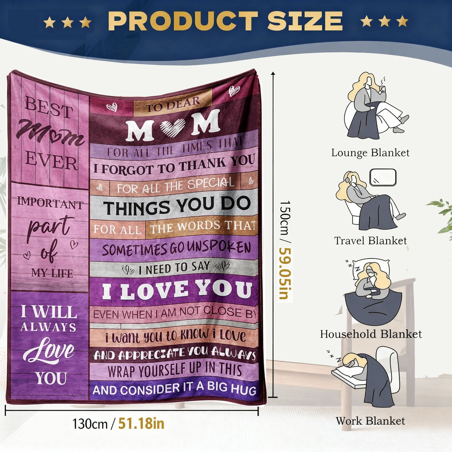 CyanCloud Gifts for Mum Blanket, Mum Birthday Gifts, Throw Blanket 150x130CM Gifts for Mummy from Daughter Son,  Soft Flannel Blanket Presents for Mum Mothers Day Birthday Gifts