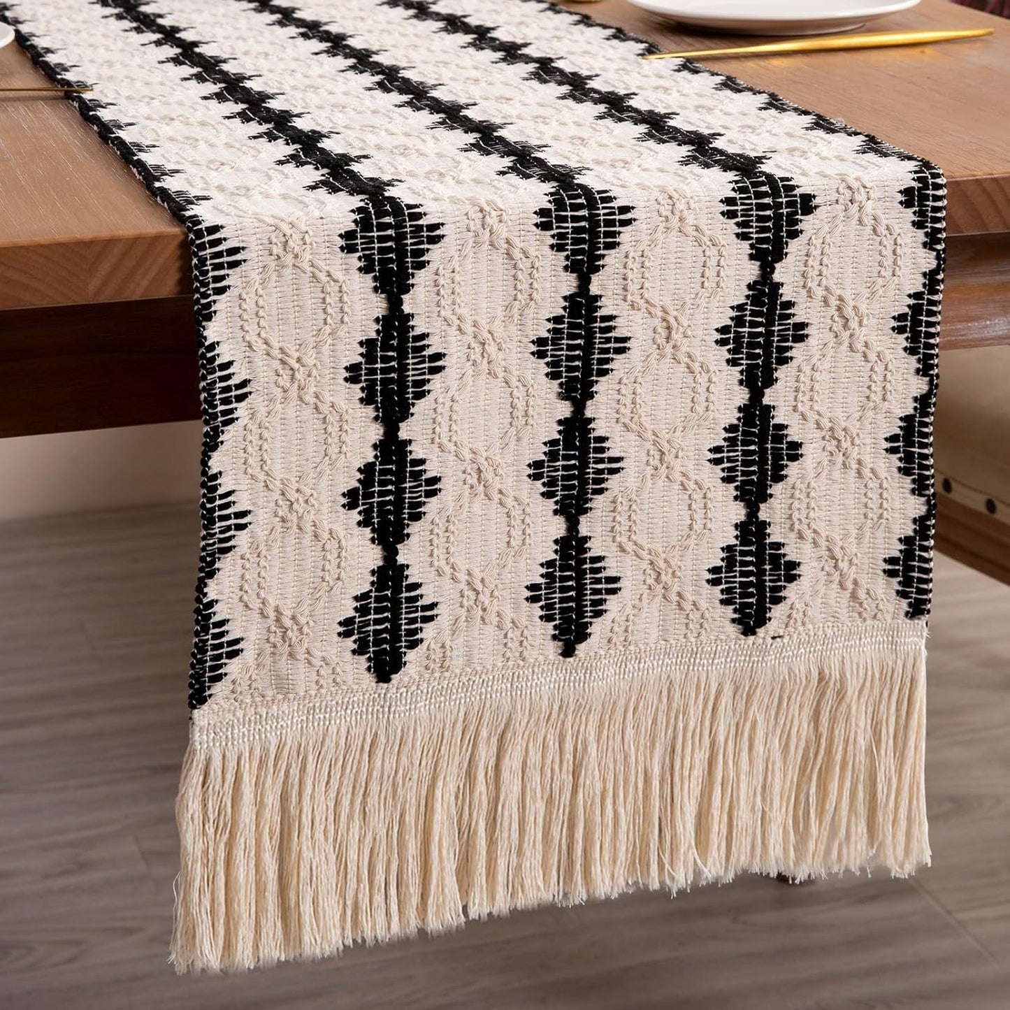 CyanCloud Braided Table Runner Cotton Linen Table Runners with Tassel Long Cream Table Runner 12 x 72 Inch Macrame Table Runners for Rustic Home Farmhouse Dining Table Cover Decor