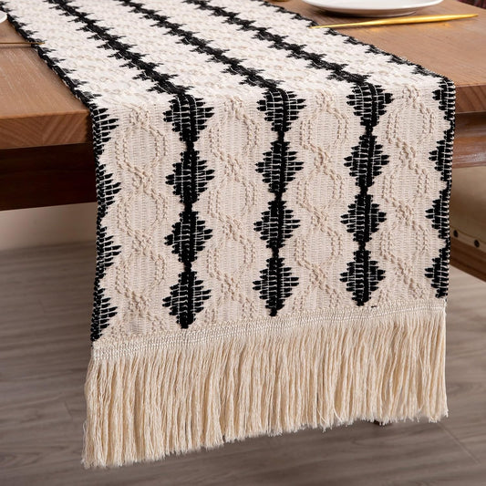 CyanCloud Braided Table Runner Cotton Linen Table Runners with Tassel Long Cream Table Runner 12 x 72 Inch Macrame Table Runners for Rustic Home Farmhouse Dining Table Cover Decor