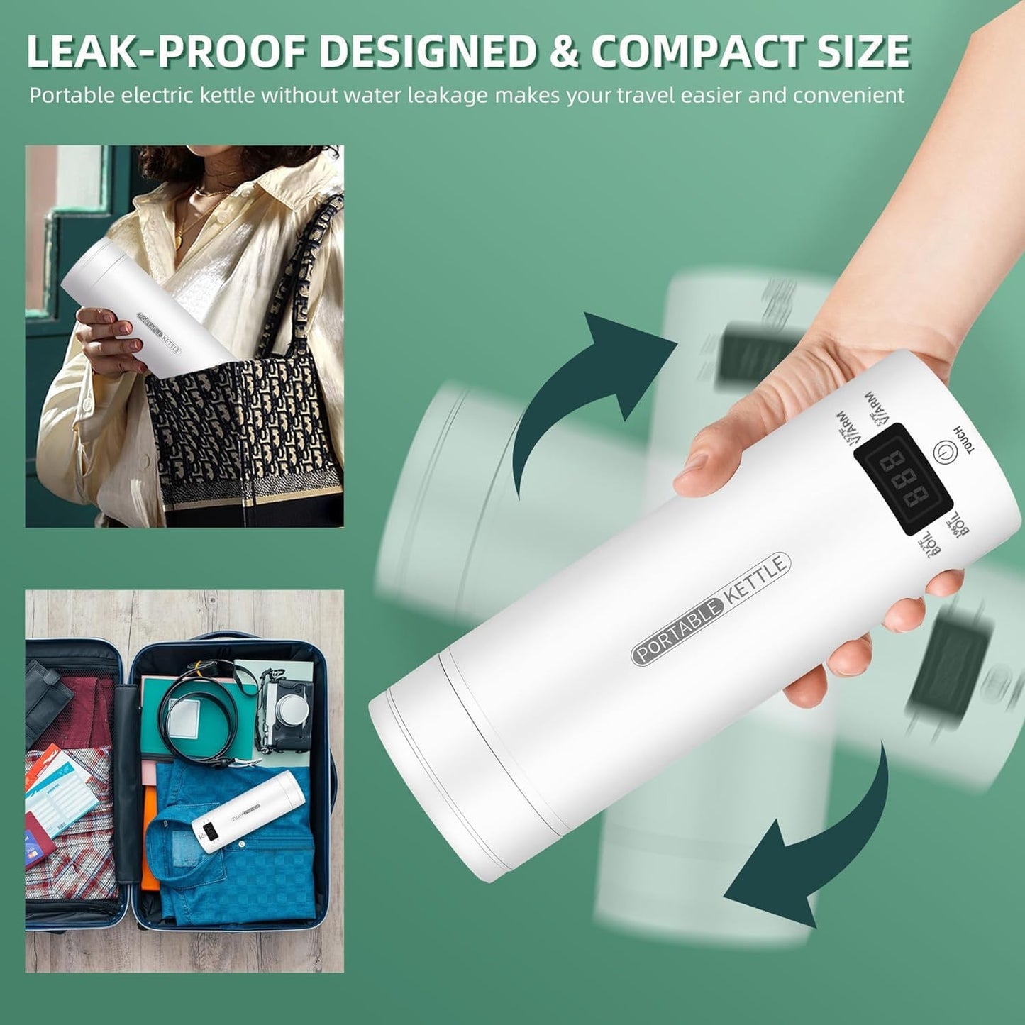 CyanCloud Portable Electric Kettle Travel Electric Kettle 500ml Stainless Steel Travel Electric Tea Coffee Kettle Water Boiler with Cup Bag, 4 Variable Presets, Auto Shut-Off, Boil Dry Protection