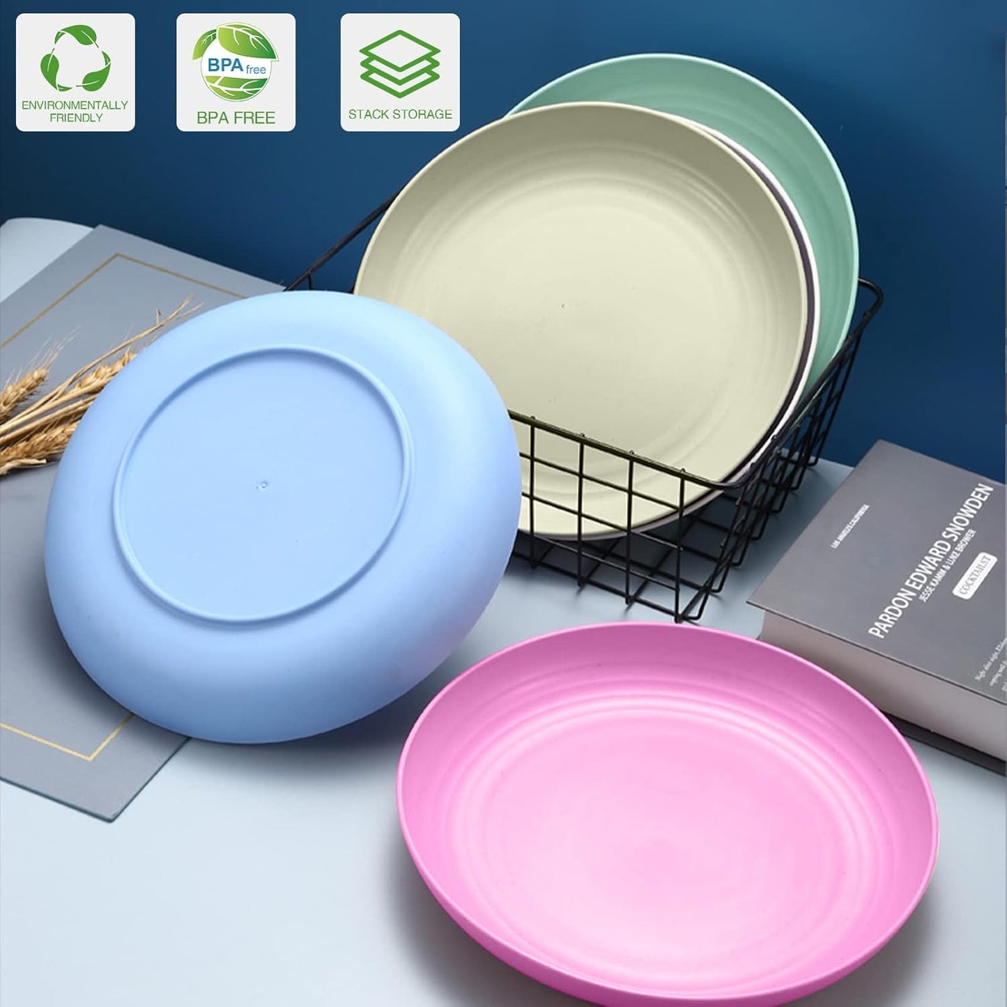 CyanCloud 8 Pcs Plastic Plates 10 Inch Large Reusable Dinner Plates Light Weight for Adult Children Dishwasher Safe Microwave 4 Deep Dumpling Bowls, 4 Flat Pizza Plates for Picnic, Camping, BBQ