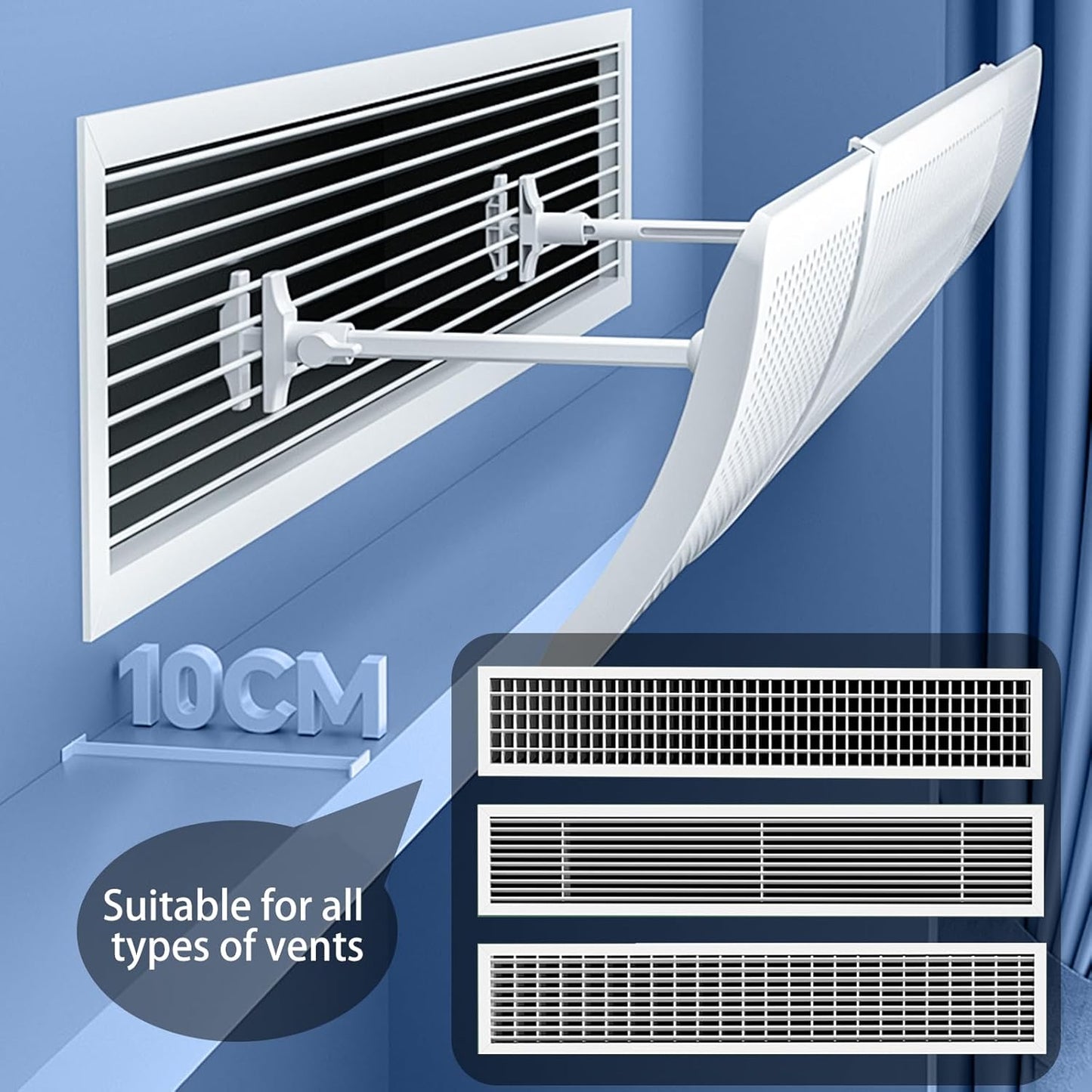 CyanCloud Air Conditioner Deflector, 58-95 cm Adjutstable, Retractable Adjustable Central AC Air Deflector for Central Air Conditioner's Register and Grille, Universal Deflector for Top/Side Vents