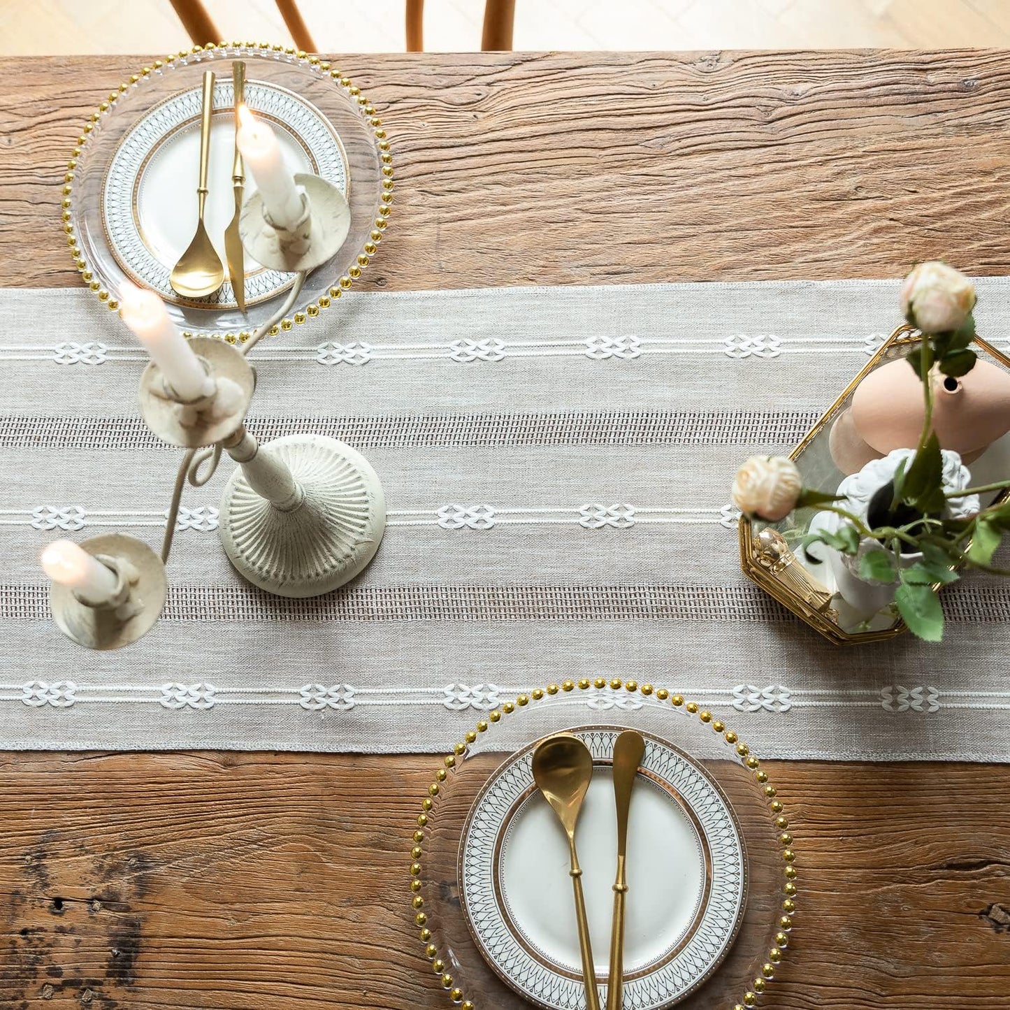 CyanCloud Grey Table Runner with Handmade Tassel Linen Hollow Embroidered Table Runners, 72 Inch Coffee Table Runner for Party Weddings Farmhouse Dining Table Cover Gorgeous Decor