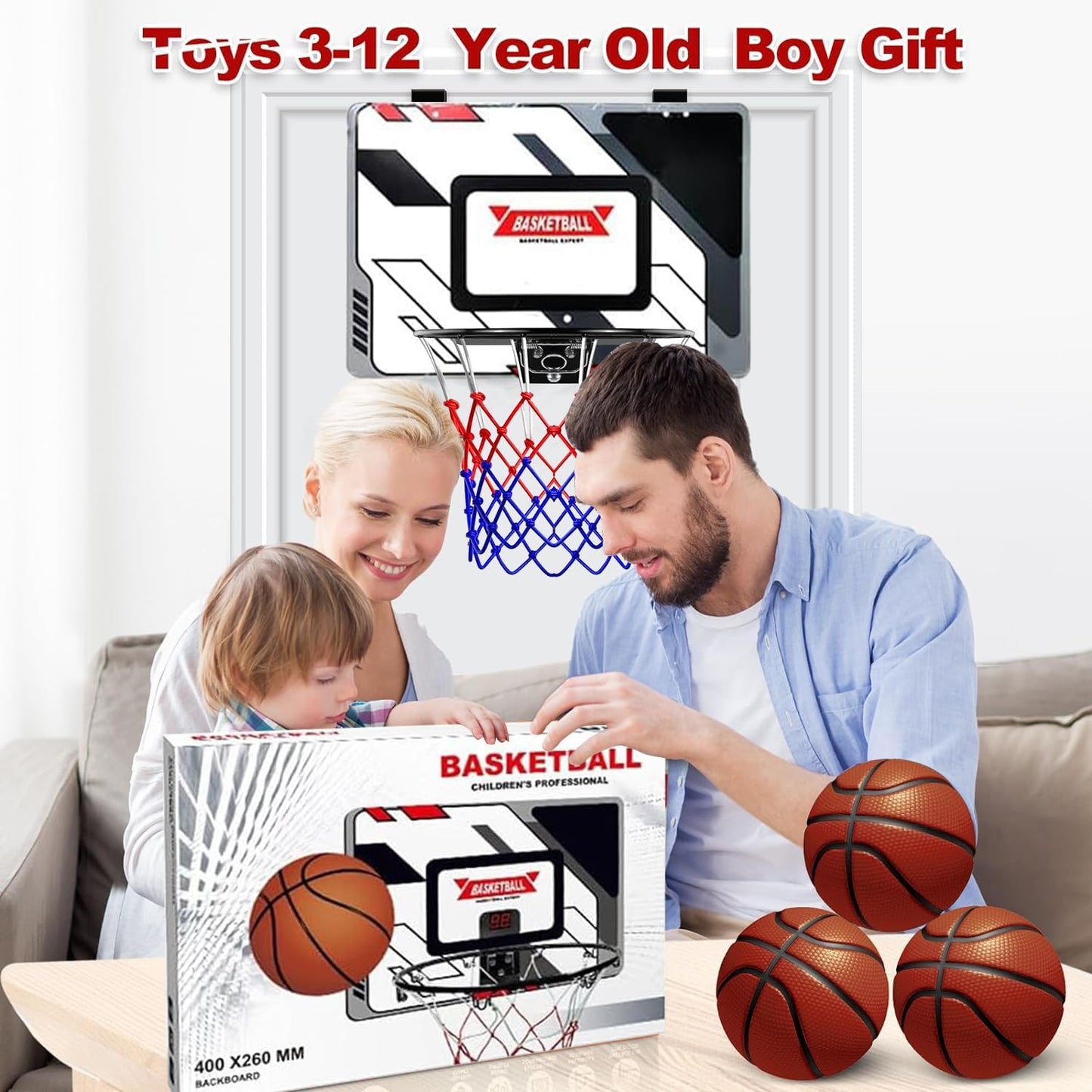 CyanCloud Basketball Hoop Indoor for 5 6 7 8 9 10+ Year Old Boys Kids, Mini Basketball Hoop with Electronic Scoreboard Over The Door, Sport Toys Birthday Gift