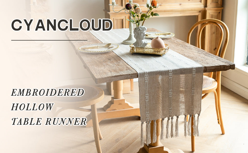 CyanCloud Grey Table Runner with Handmade Tassel Linen Hollow Embroidered Table Runners, 72 Inch Coffee Table Runner for Party Weddings Farmhouse Dining Table Cover Gorgeous Decor