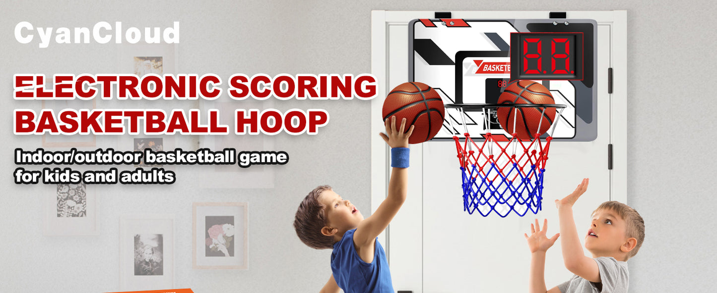 CyanCloud Basketball Hoop Indoor for 5 6 7 8 9 10+ Year Old Boys Kids, Mini Basketball Hoop with Electronic Scoreboard Over The Door, Sport Toys Birthday Gift