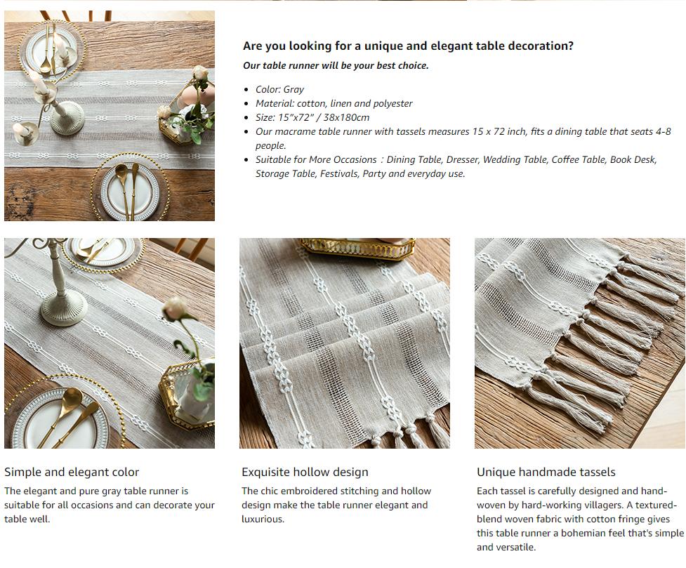 CyanCloud Grey Table Runner with Handmade Tassel Linen Hollow Embroidered Table Runners, 72 Inch Coffee Table Runner for Party Weddings Farmhouse Dining Table Cover Gorgeous Decor