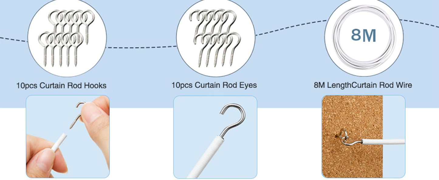 CyanCloud White Curtain Wire 8 Meter Curtain Wire with 10 Hooks & 10 Eyes, Durable Window Net Curtain Wire for Net Curtain Rods Clothesline Hanging