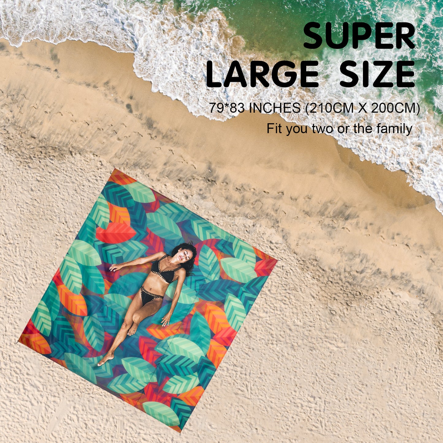 CyanCloud Beach Blanket , 79"x83" Extra Large Beach Blanket Mat, Soft and Durable Material, Sandproof Waterproof, Lightweight and Compact, Perfect for Beach Vocation, Travel Camping(Leaves)