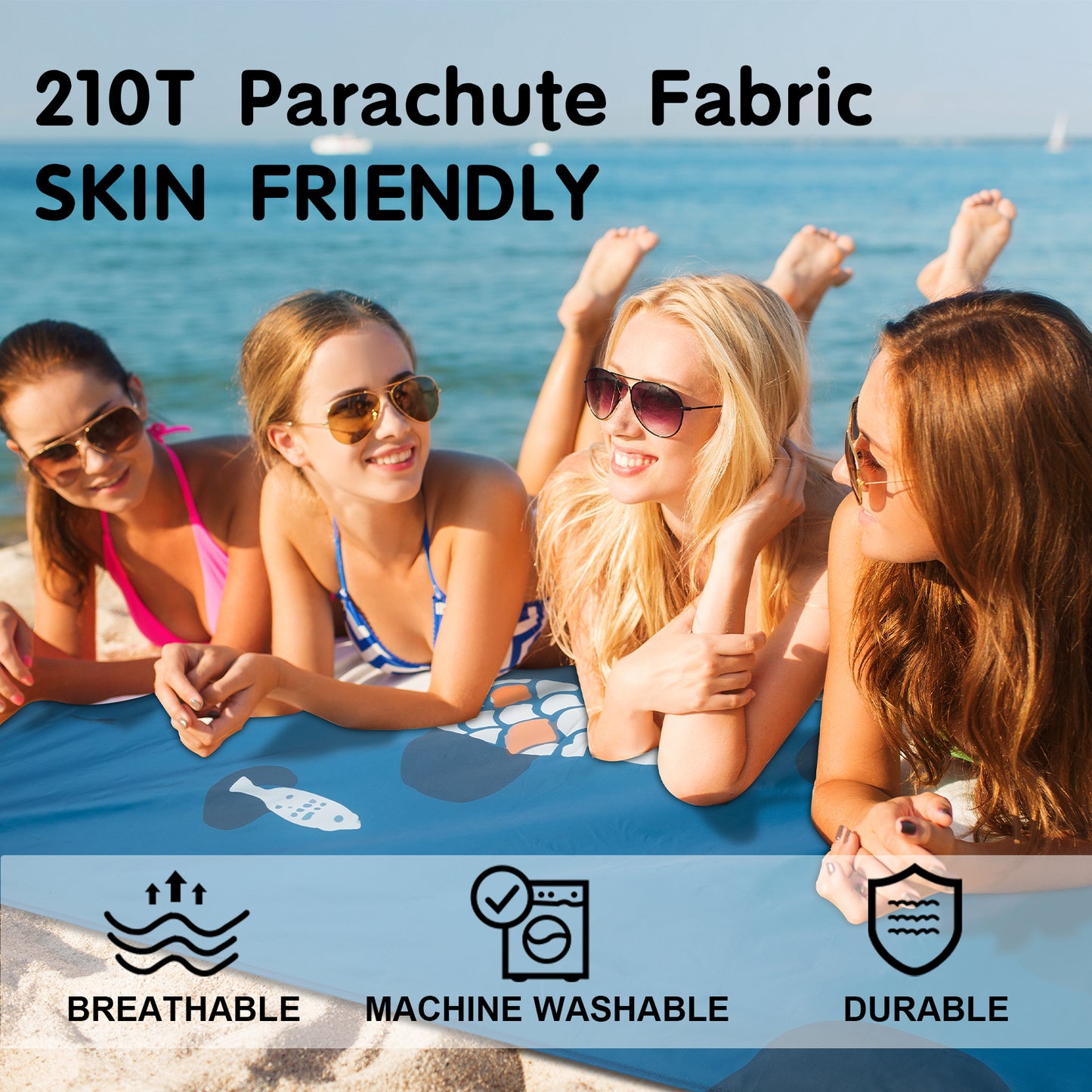 CyanCloud Beach Blanket, Waterproof Sandproof Beach Blanket Mat, 79"x83" for Family (2-7) Large Oversized Blanket, Portable Outdoor Camping Blankets, Compact& Light, 4 Stakes&1 Travel Bag(Fish)