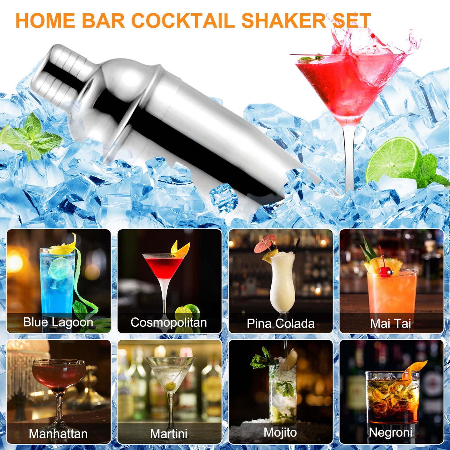 CyanCloud Cocktail Shaker Set, Bartender Kit 10 Pcs for Home and Bar, Stainless Steel Cocktail Set with Stand, 26 Oz Cocktail Shaker kit with Recipes Booklet