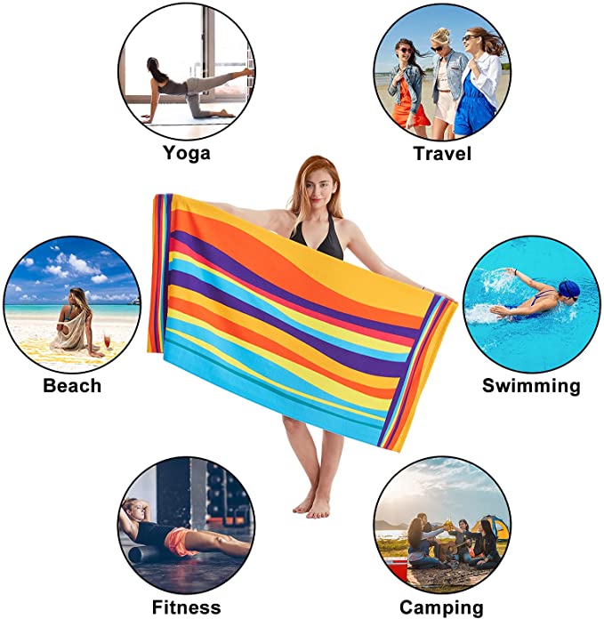 Beach Towel, CyanCloud Beach Towel, Sand Free Microfiber Beach Towel Lightweight, Super Absorbent Personalized Pool Towels & Cabana Stripe Beach Towel 40”x70” for Adults,Men,Women,Kids