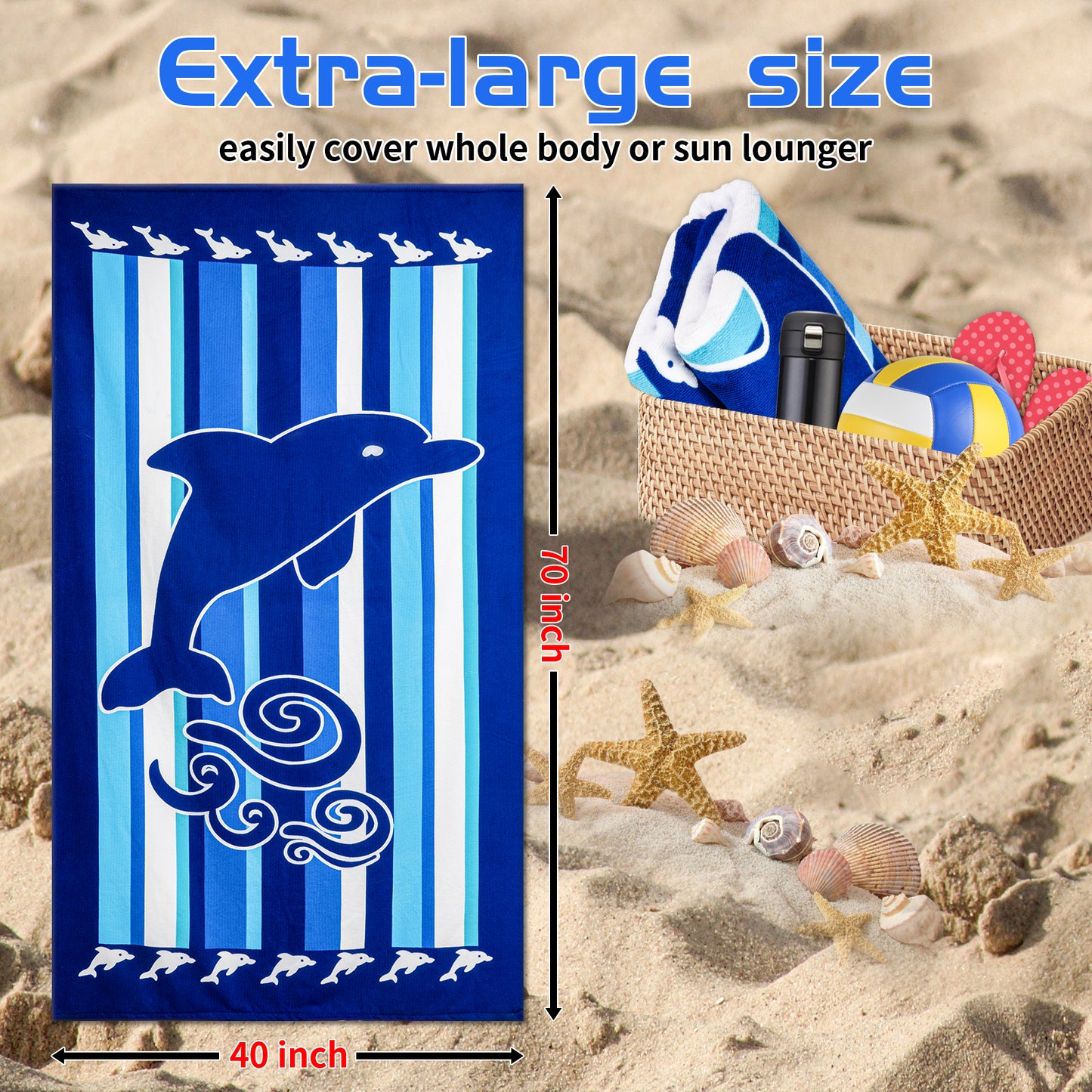 CyanCloud Microfiber Beach Towel Fast Drying, Extra Large 40" x 70" Sand Free Beach Towel Super Lightweight Towels for Swimming Pool, Camping, Picnic, Yoga Gym Sports(X-Large, Colorful Sea Dolphin)