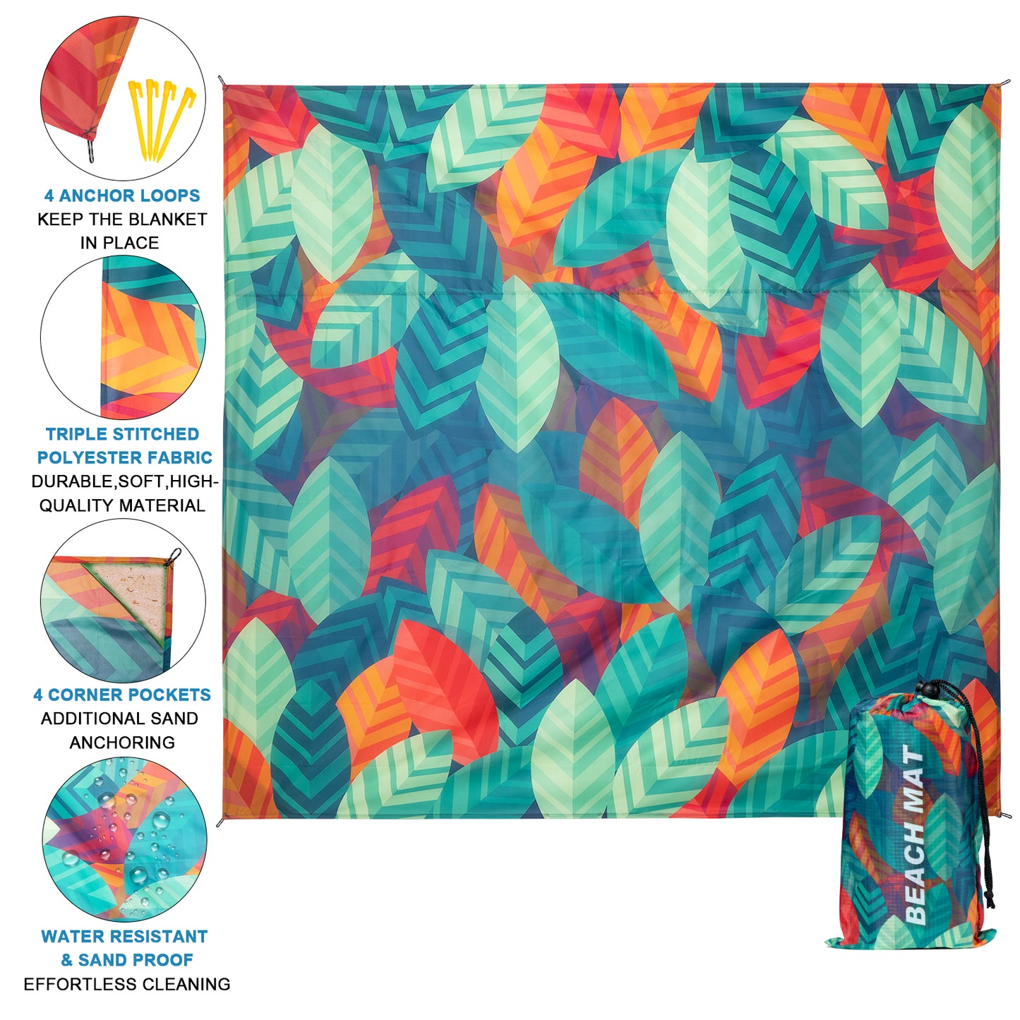 CyanCloud Beach Blanket , 79"x83" Extra Large Beach Blanket Mat, Soft and Durable Material, Sandproof Waterproof, Lightweight and Compact, Perfect for Beach Vocation, Travel Camping(Leaves)