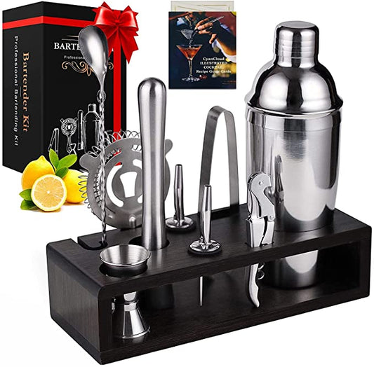 CyanCloud Cocktail Shaker Set, Bartender Kit 10 Pcs for Home and Bar, Stainless Steel Cocktail Set with Stand, 26 Oz Cocktail Shaker kit with Recipes Booklet